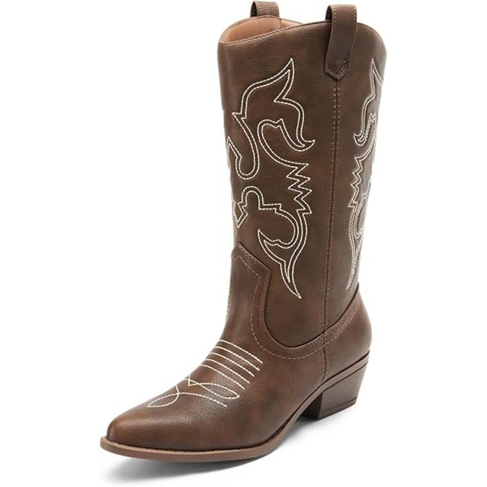 Women Brown Pointed Toe Faux Leather Mid-Calf Classic Comfort Casual Boots